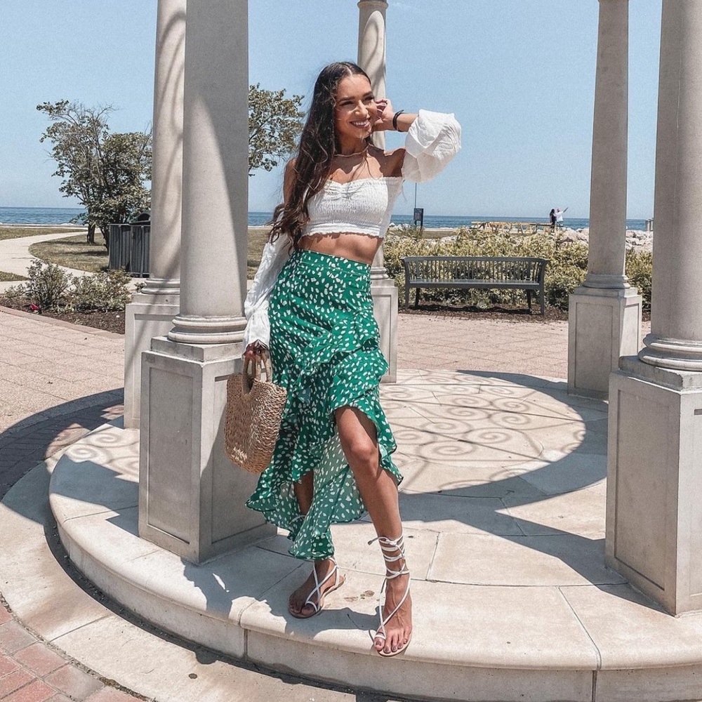 Green and white midi skirt